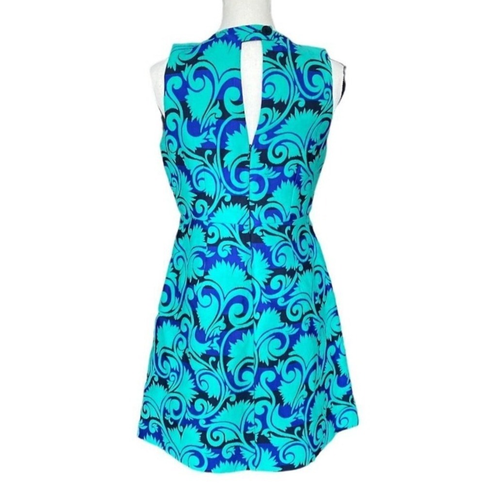 Stunning‎ Sleeveless Beaded Collar Dress Bold Blue Teal Print A-Line Women 4 - Picture 5 of 15